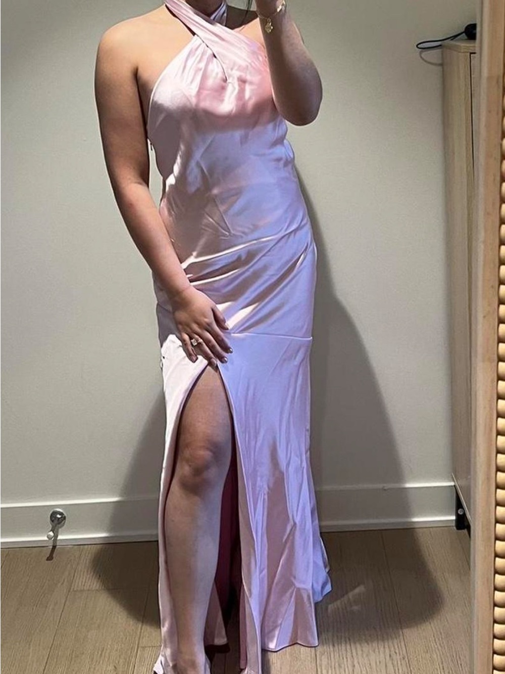 Revelry Blush Pink Satin Halter Maxi Skirt with Side Slit
